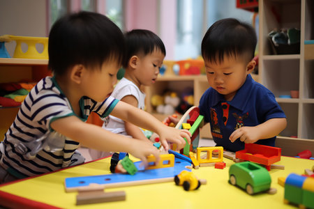 Preschool children playing with cubes. Generative AI illustration.の素材