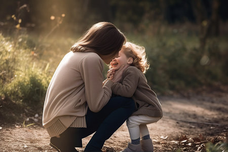 Young brunette mother kneeling hugging her son at park. Generative AI illustration.の素材
