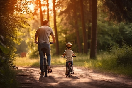 Young father with his little boy riding his bike in the park. Generative AI illustration.の素材