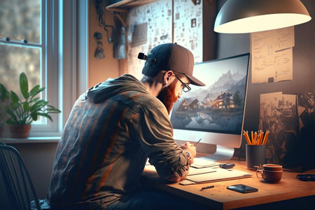 A freelancer man working at home office. Generative AI illustration.の素材