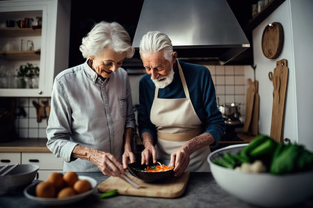 An older couple cooking a healthy vegan meal. Generative AI illustration.の素材
