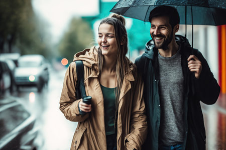 Generative AI illustration. Smiling young couple walking in the rainy day.の素材
