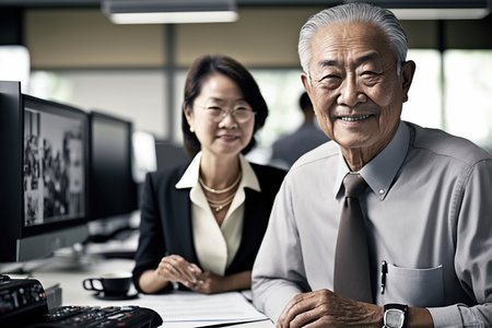 Very happy senior asian man with secretary in office. Generative AI illustration.の素材