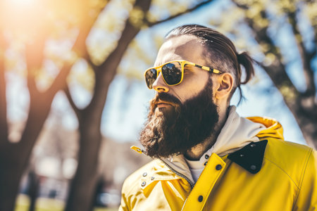 Relaxed man with sunglasses in spring at park. Generative AI illustration.の素材