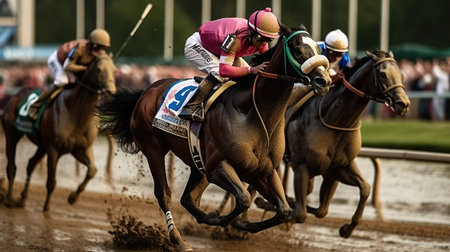 Horses running past on the race track. Generative AI illustration.の素材