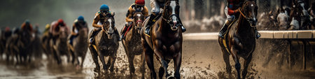Kentucky derby horse racing. Generative AI illustration.の素材