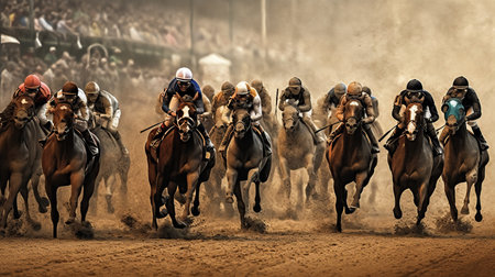 Kentucky derby horse racing. Generative AI illustration.の素材