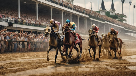 Kentucky derby horse racing. Generative AI illustration.の素材