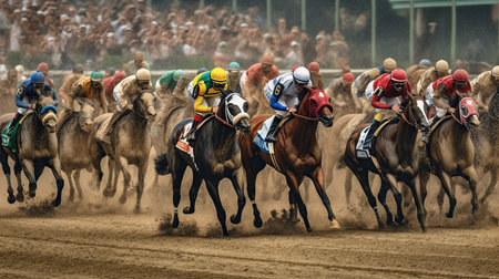 Kentucky derby horse racing. Generative AI illustration.の素材