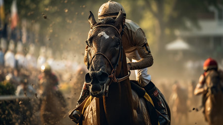 Horses racing at the Kentucky derby close up. Generative AI illustration.の素材