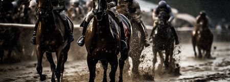 Horses racing at the Kentucky derby close up. Generative AI illustration.の素材