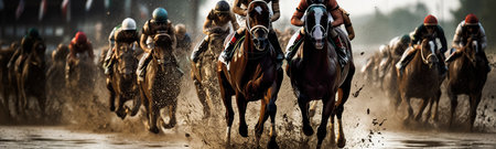 Kentucky derby horse racing. Generative AI illustration.の素材