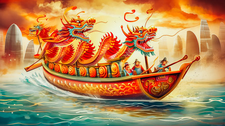 Dragon boat festival poster. Generative AI illustration.の素材