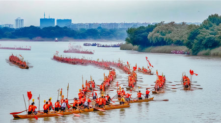 Rowing team race, boat racing. Generative AI illustration.の素材