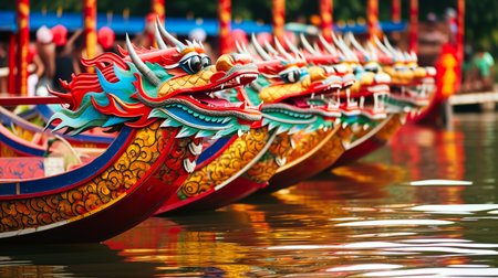 Rowing dragon boats during Duanwu. Generative AI illustration.の素材