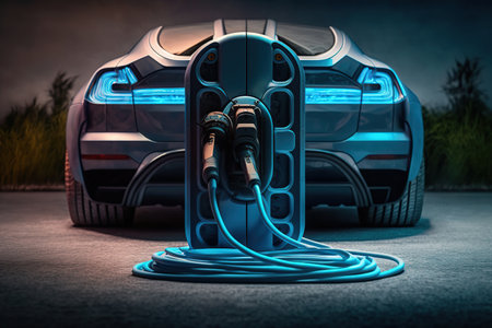 Blue automobile charging from power generation. Generative AI illustration.の素材