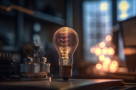 Double exposure light bulb and statistical graph. Generative AI illustration.の素材