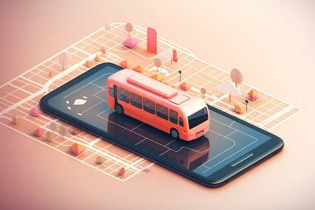 Urban public transport traffic tracking application. Generative AI illustration.の素材
