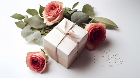 Mothers day gift box with pink roses. Generative AI illustration.の素材