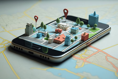 GPS app, map with pin pointing on mobile screen. Generative AI illustration.の素材