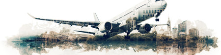 Double exposure airplane and travel destination banner. Generative AI illustration.の素材