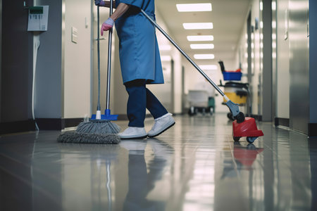 hospital worker doing cleaning in room. Generative AI illustration.の素材