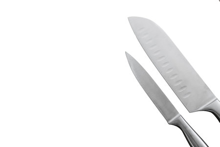 kitchen knives on white background, zenith view.の写真素材