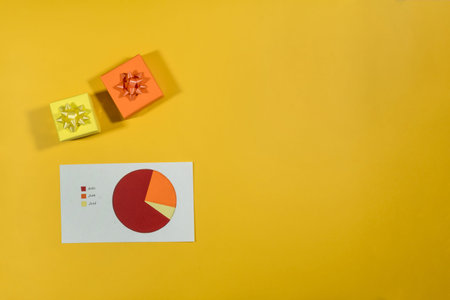 Concept of statistics about buying gifts. On yellow background. paper cut. paper art.