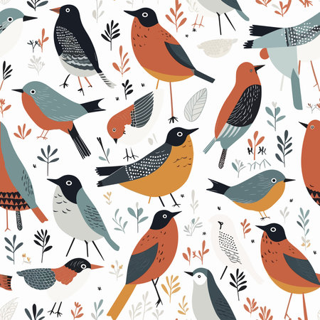 vintage pattern with little birds on white background.のイラスト素材