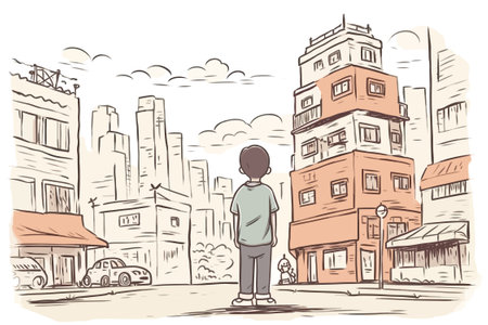 Illustration of a child with his back turned, standing on a deserted street.のイラスト素材