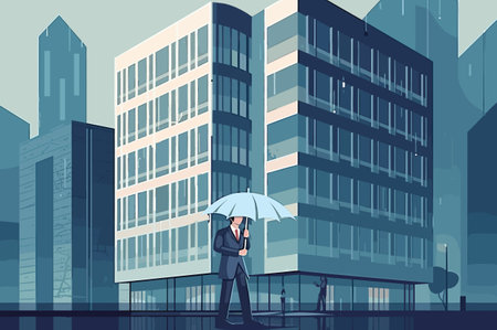 Illustration of a businessman walking in the rain.のイラスト素材