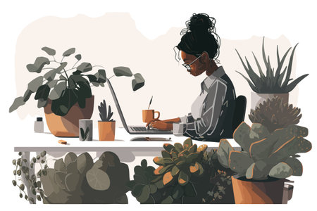 Afro young woman studying, working with laptop.のイラスト素材