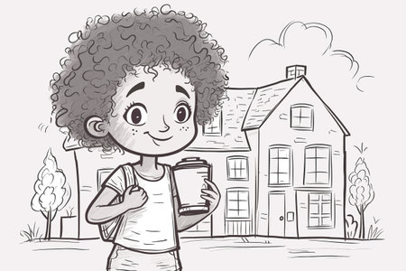 Illustration of an afro girl with a book on her way to school.のイラスト素材