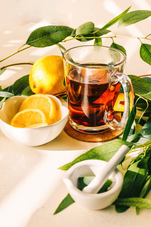 Cup tea with brewing inside, lemon, eucalyptus leaves on white table background.の写真素材