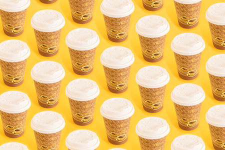 Top view of pattern disposable coffee cups. Paper cups. On pastel yellow backgroundの写真素材