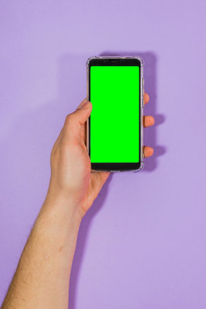 Hand holds mobile phone, with green screen. On a purple background. Mock up chroma key green screen.の写真素材