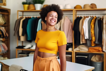 Afro female business owner smiling at her shop. Generative AIの素材