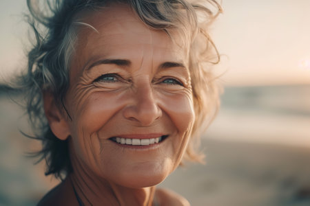 Happy lady in her 60's enjoying the beach. Generative AIの素材
