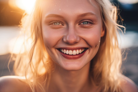 Beautiful portrait of blonde girl on the beach. Generative AIの素材