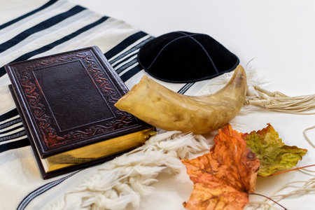 Prayer Shawl - Tallit, Prayer book and Shofar (horn) jewish religious symbols. Rosh hashanah (jewish New Year holiday), Yom kippur concept.の写真素材