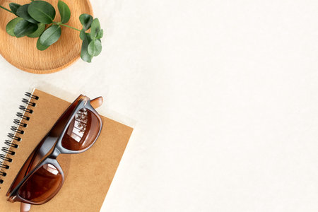 Desk with notebook, sunglasses and plant, flat lay. Summer notes.の写真素材