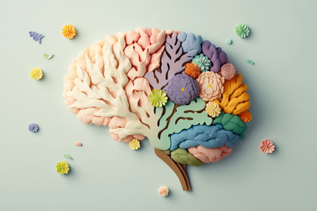 Flower model of human brain anatomy on pastel background. Generative AI illustration.の素材