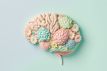 Flower model of human brain anatomy on pastel background. Generative AI illustration.の素材