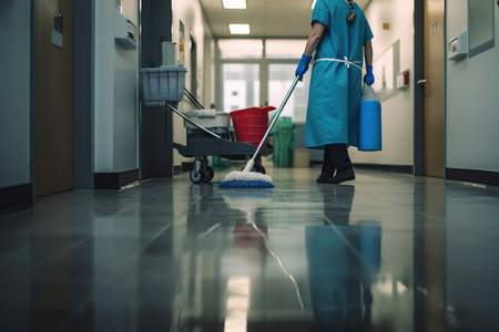 Maintenance personnel cleaning hospital hall. Generative AI illustration.の素材
