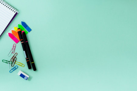 creative office work tools on light blue background, on top view.の写真素材