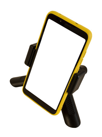 Mobile phone on small tripod, isolated on white background. side viewの写真素材