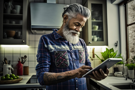 Older man using a tablet in the kitchen. Generative AI illustration.の素材