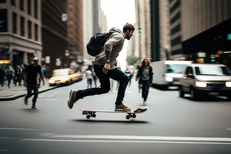 Young afro american man in skateboard at street. Generative AI illustration.の素材