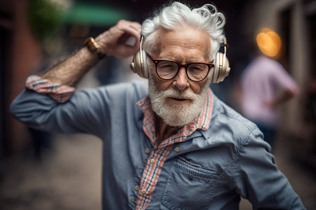 Senior hipster man listening to music at street. Generative AI illustration.の素材