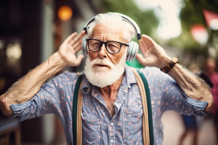 Senior hipster man listening to music at street. Generative AI illustration.の素材